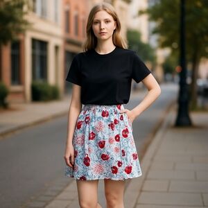 NWT Toluca Floral Mini Skirt S Button Front Red Blue Boho Cottagecore